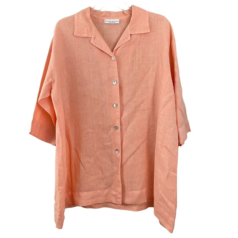 Bryn Walker Linen Shirt Button Up Sz XS OVERSIZED 3/4 Sleeve Collared USA Peach